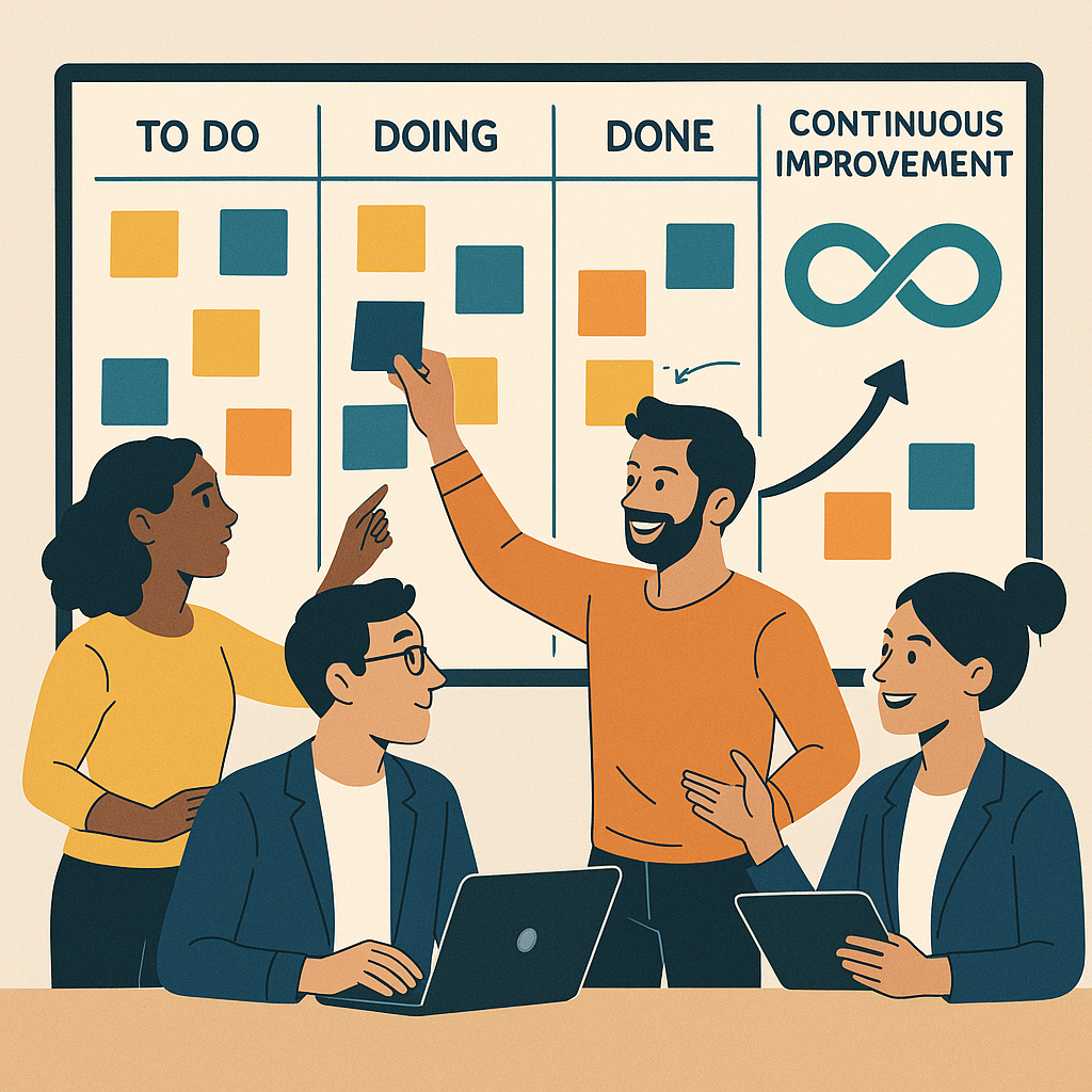A dynamic team collaborating around a visual kanban