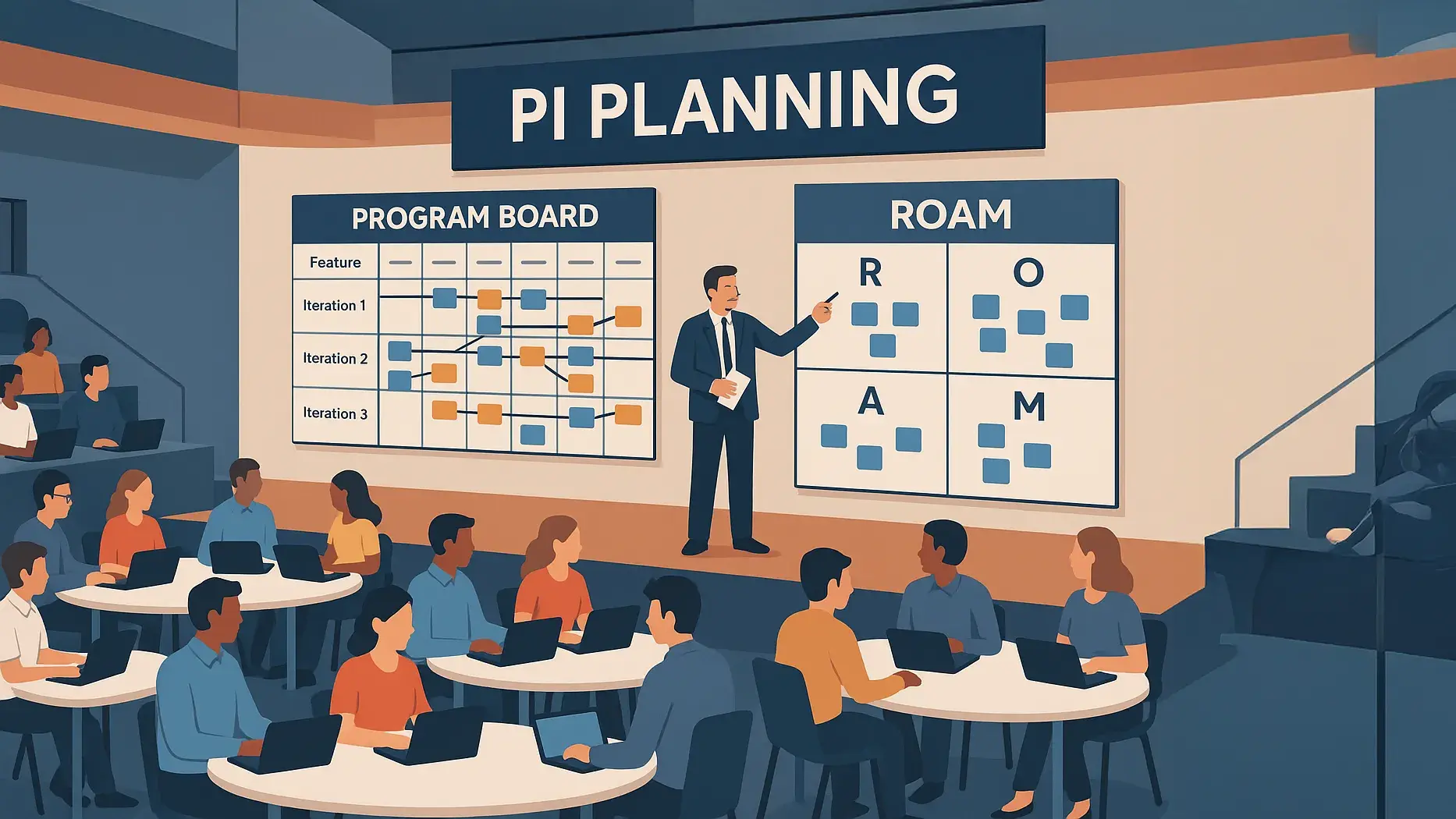 Large PI Planning event with teams, a program board showing dependencies, and a visible ROAM risk board in a modern auditorium.