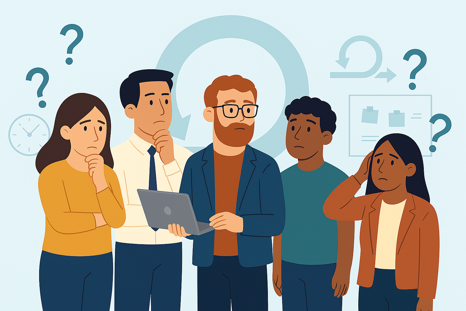 Illustration of five uncertain-looking colleagues standing together, surrounded by question marks, a clock and a faded agile iteration loop.
