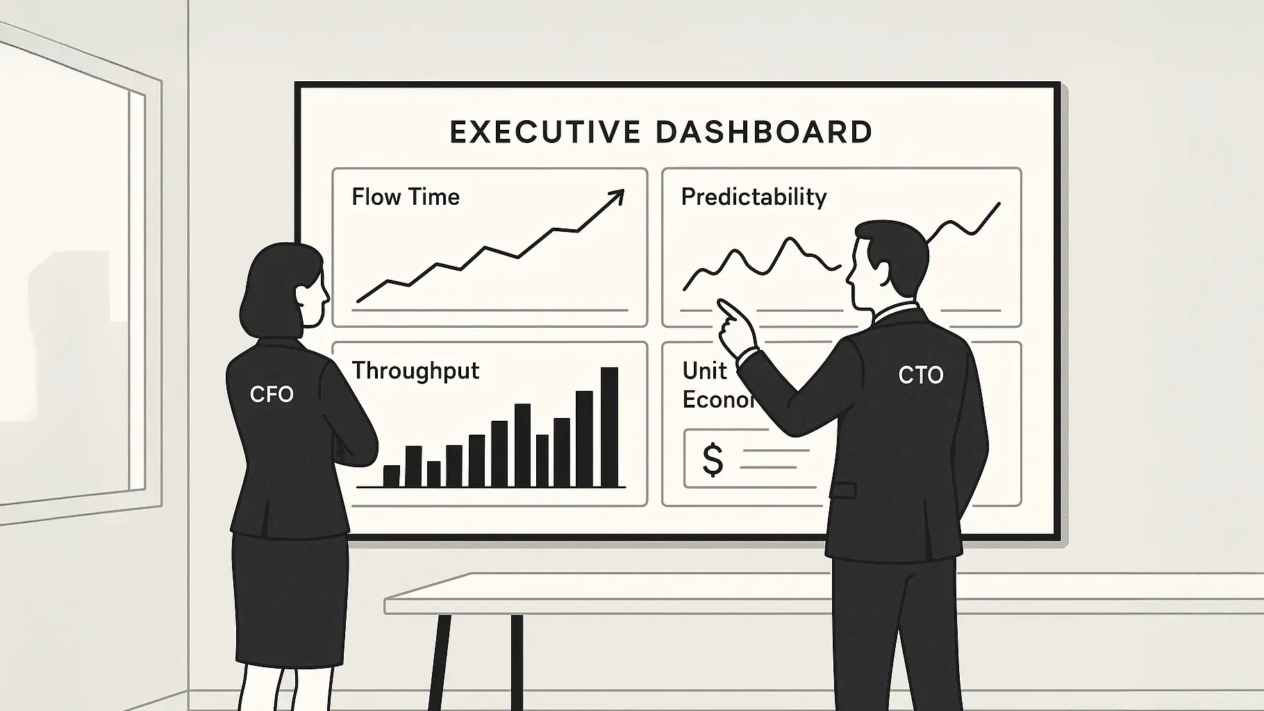 Line-art illustration of a CFO and a CTO facing an executive dashboard showing flow time, predictability, throughput and unit economics panels.