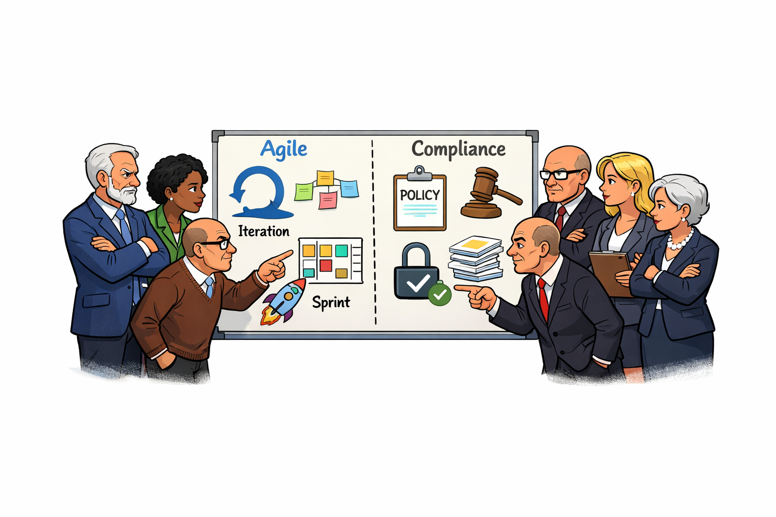 Cartoon of two groups of business leaders facing off across a whiteboard, one side labelled Agile with iteration, sprint and sticky-note icons, the other labelled Compliance with policy, gavel, padlock and stacks of paperwork.