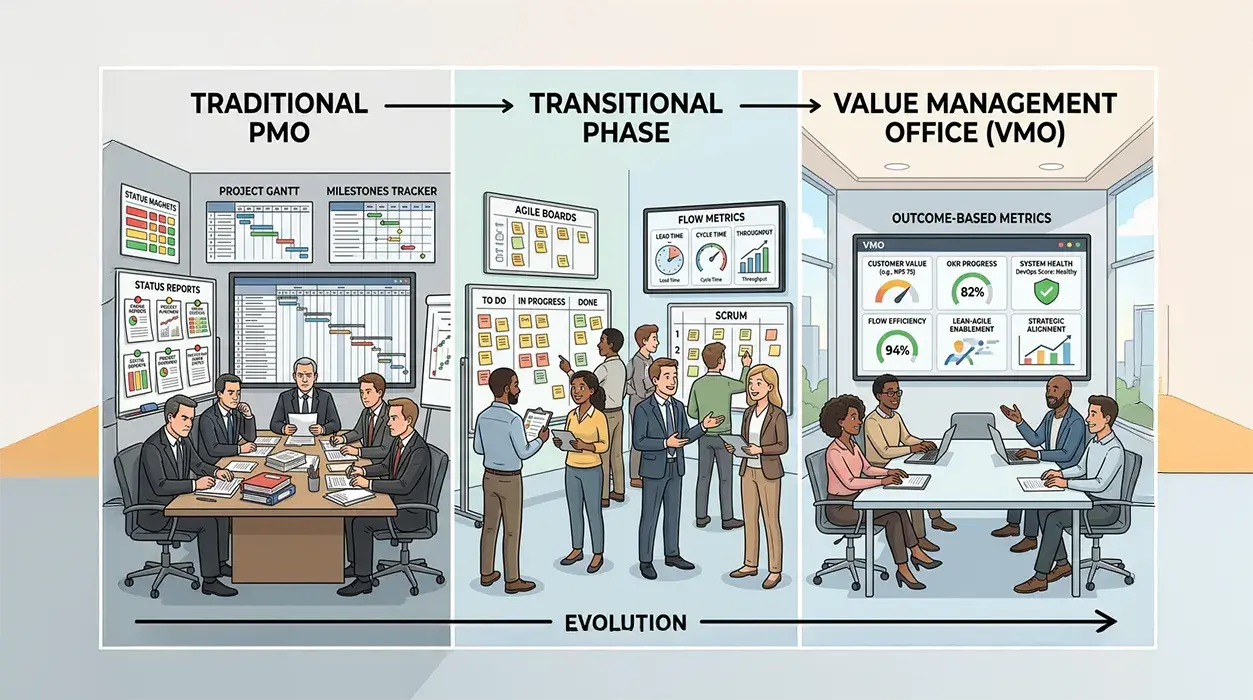 Three-panel illustration of a PMO evolving: a traditional PMO with status reports and Gantt charts, a transitional phase with agile boards and flow metrics, and a Value Management Office with outcome-based metrics.