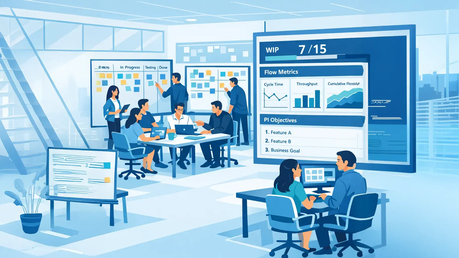 Illustration of teams working across kanban boards in an open office, with a large screen showing a WIP limit of 7 of 15, flow metrics and a list of PI objectives.