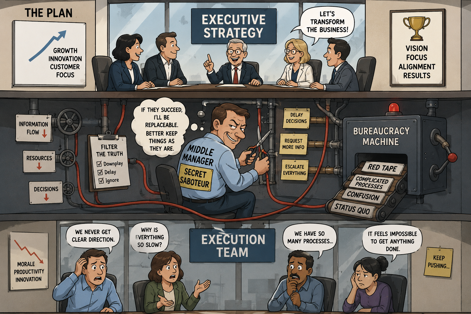 Three-tier cartoon: executives announce a transformation at the top; a middle manager labelled "secret saboteur" cuts the cables carrying information, resources and decisions and feeds a "bureaucracy machine"; a demoralised execution team below asks why everything is so slow.